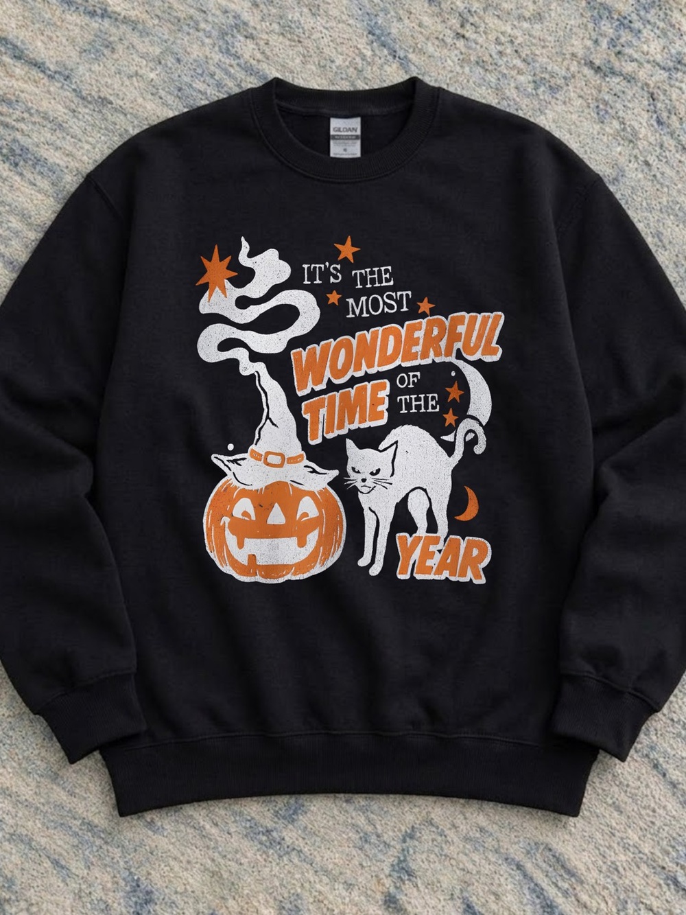 Gildan Black Halloween Cat Pumpkin Graphic Sweatshirt